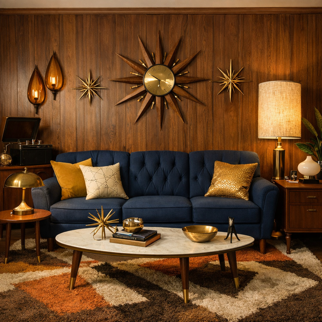 Living room featuring a navy blue sofa with gold accents, vintage decor, and wood-paneled walls.