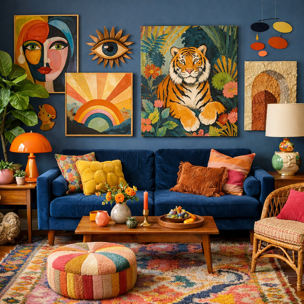 A vibrant living room with a dark blue sofa, colorful artwork on the walls, and eclectic decor.