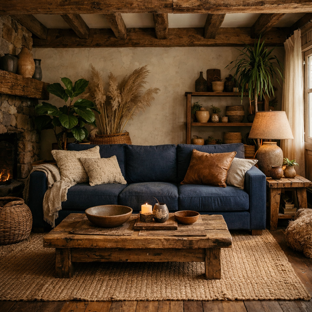 A cozy living room featuring a dark blue sofa, rustic wooden elements, potted plants, and warm lighting.