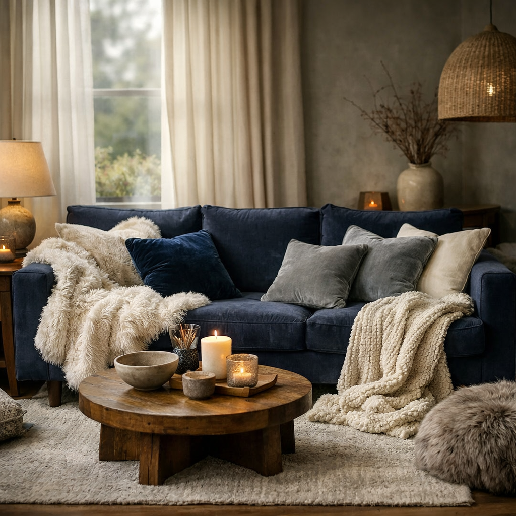 Living room featuring a dark blue sofa with soft textures, plush pillows, and a cozy ambiance.