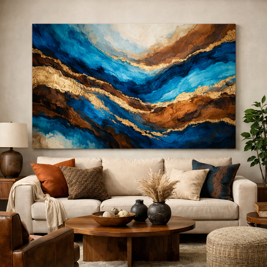 A stylish living room featuring a large abstract wall art piece with blue and brown tones, a cozy sofa, wooden furniture, and decorative accents.