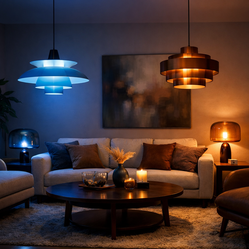 A stylish living room with blue and brown lighting fixtures, showcasing a cozy ambiance.