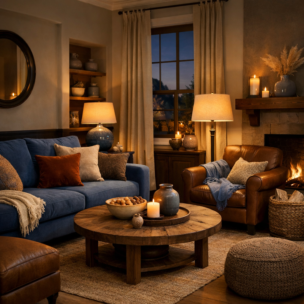 A cozy living room featuring a blue sofa and brown leather armchair, with a wooden coffee table and soft lighting.