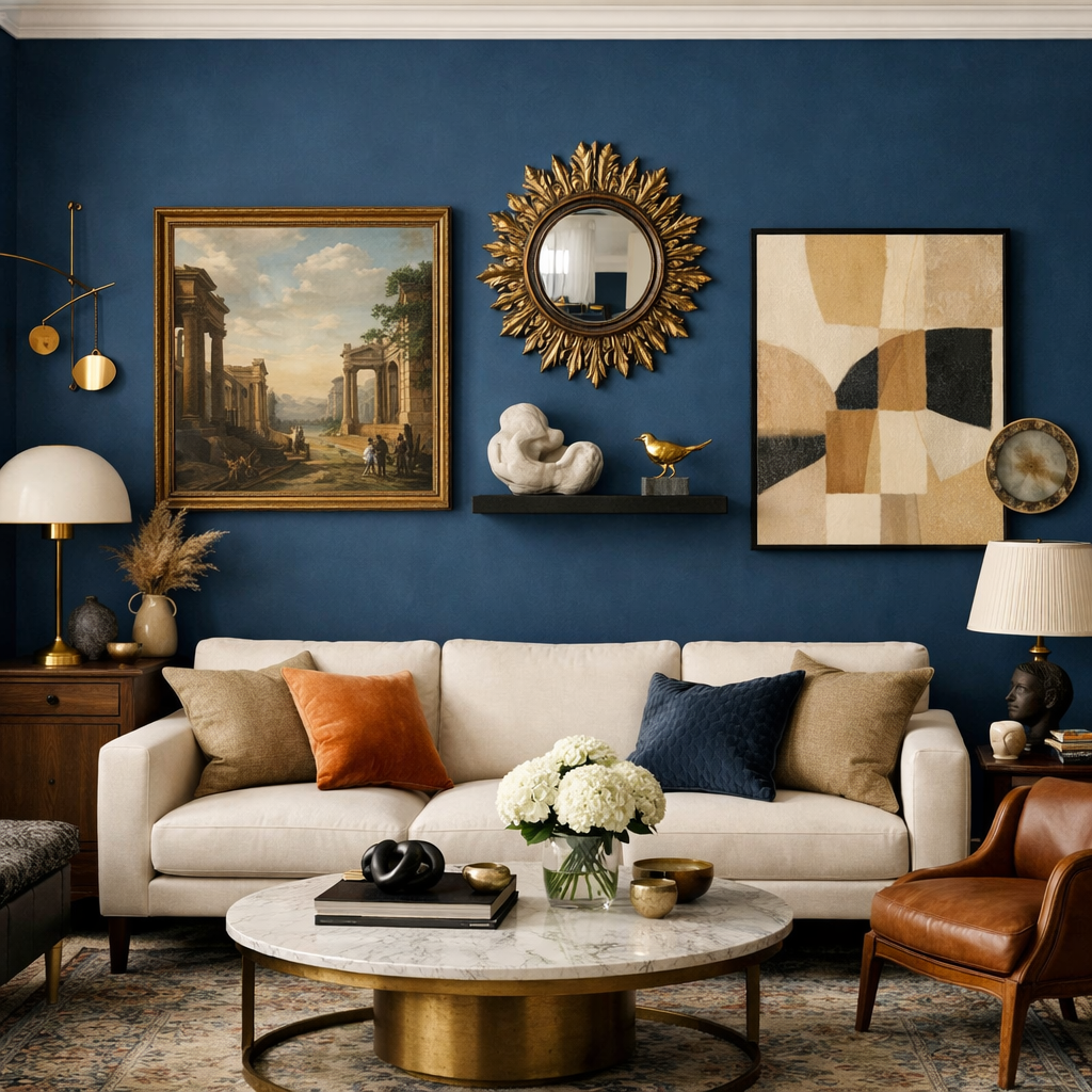 A cozy living room featuring blue accent walls, a white sofa with colorful pillows, and various wall art
