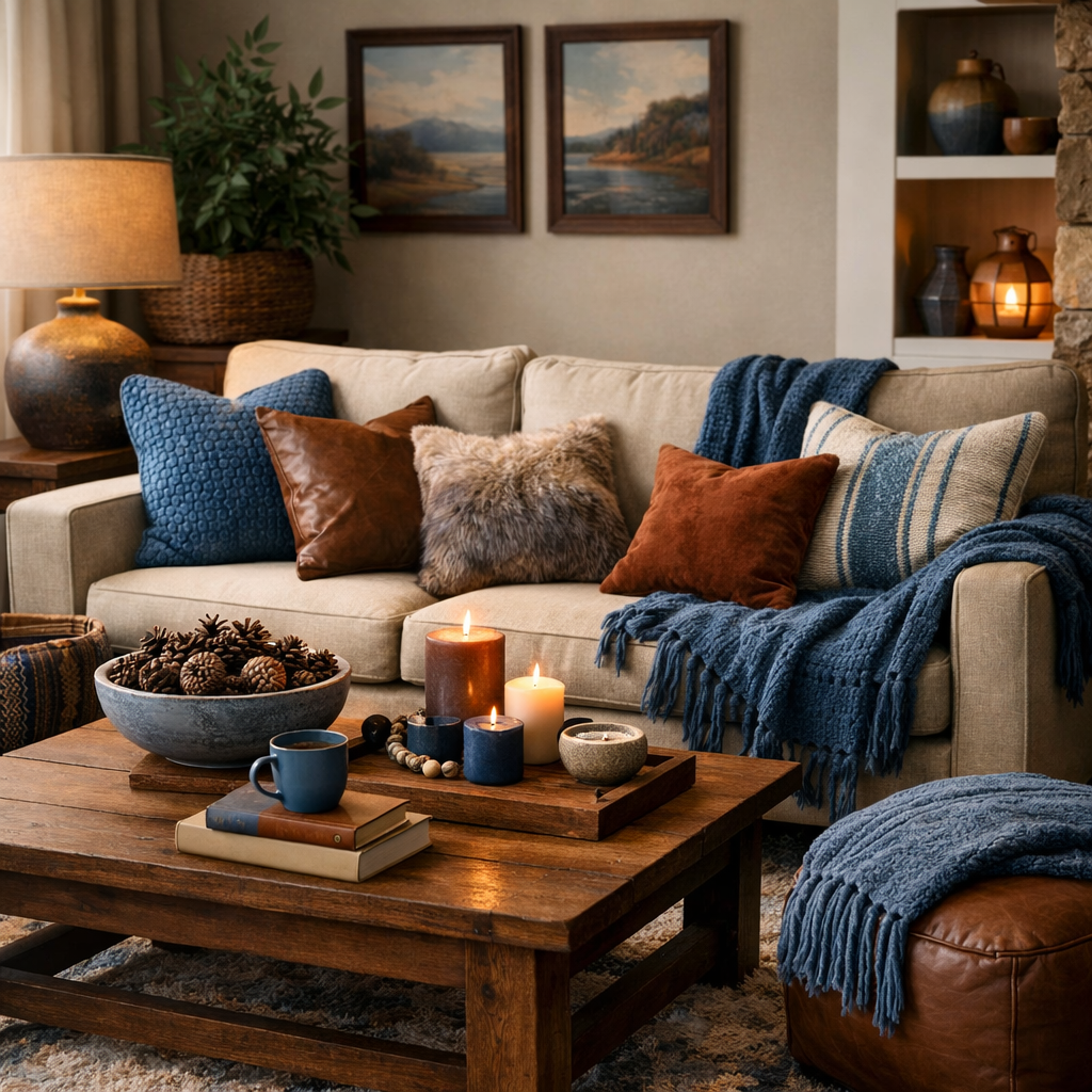Cozy living room with blue and brown accessories, featuring a beige couch, colorful pillows, candles, and wooden decor.