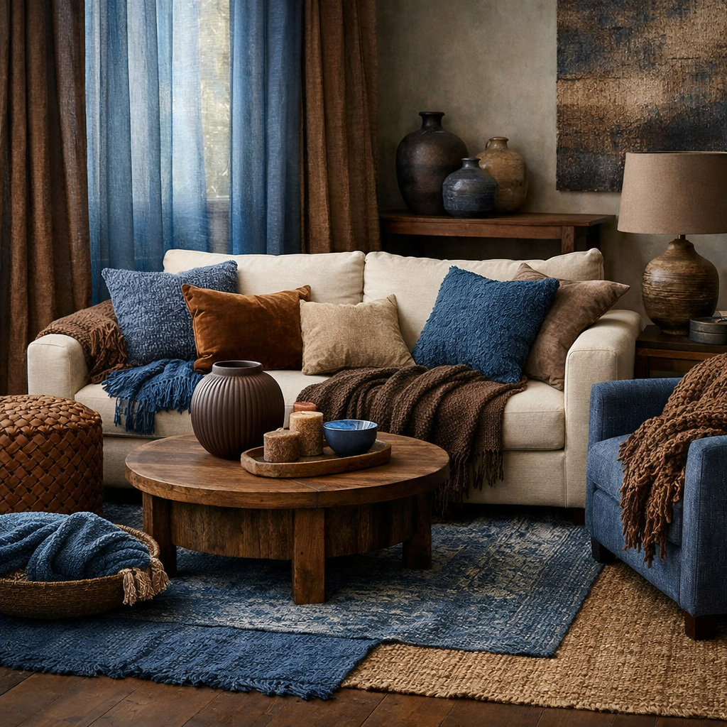 Cozy living room with blue and brown accents, featuring layered textures and decor elements.