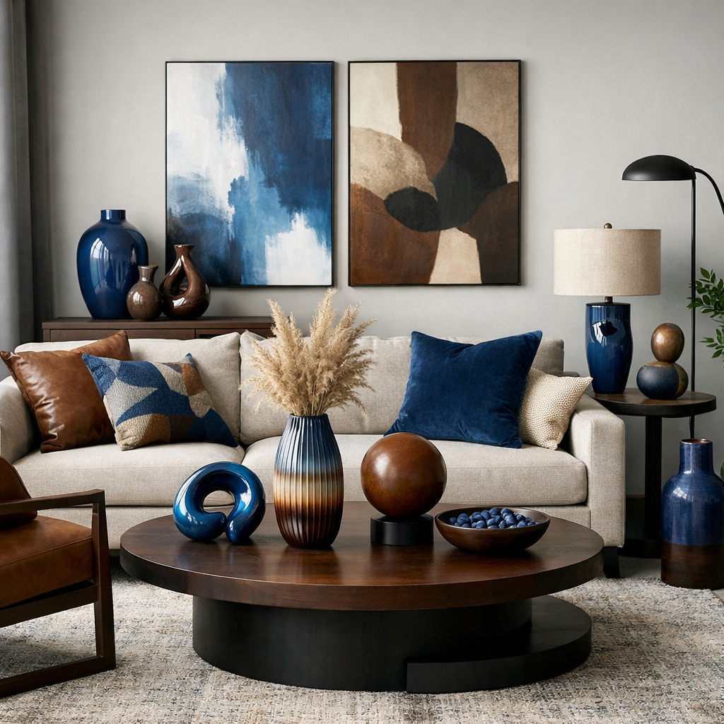 A modern living room featuring a blend of blue and brown decor elements, including cozy cushions, unique vases, and stylish artwork.