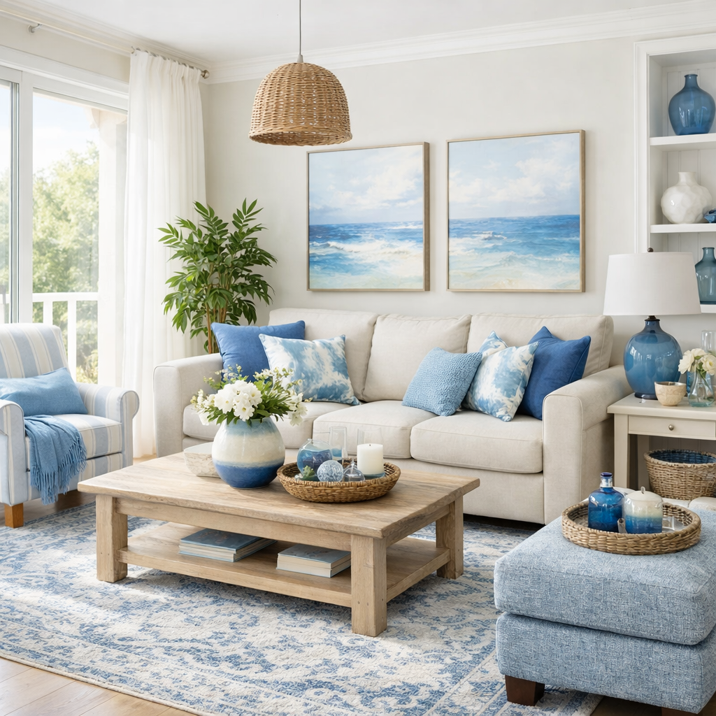 A bright living room featuring blue tones with a beige sofa, blue pillows, and ocean-themed artwork.