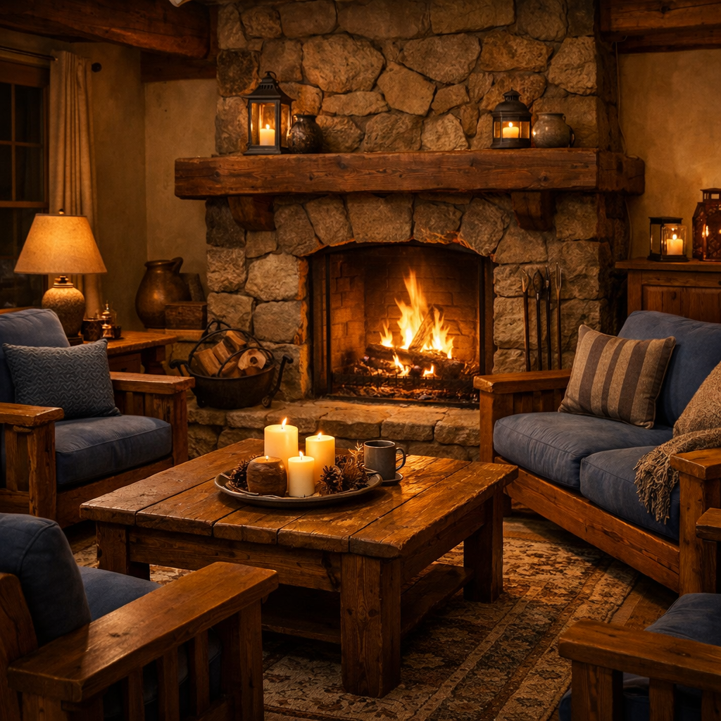 A cozy brown and blue living room featuring rustic wooden furniture and a warm fire.