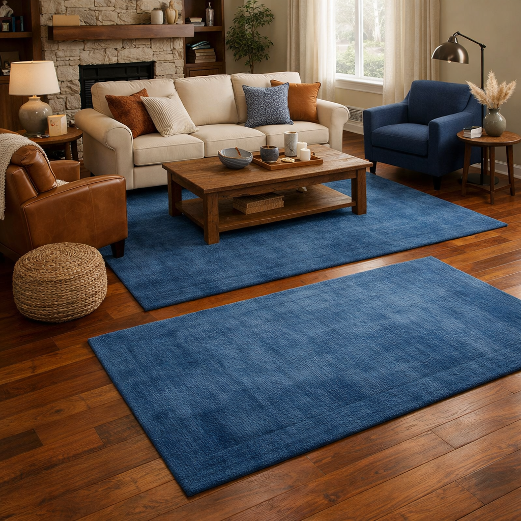 Living room with warm brown flooring and blue rugs, featuring a cozy sofa and wooden coffee table.