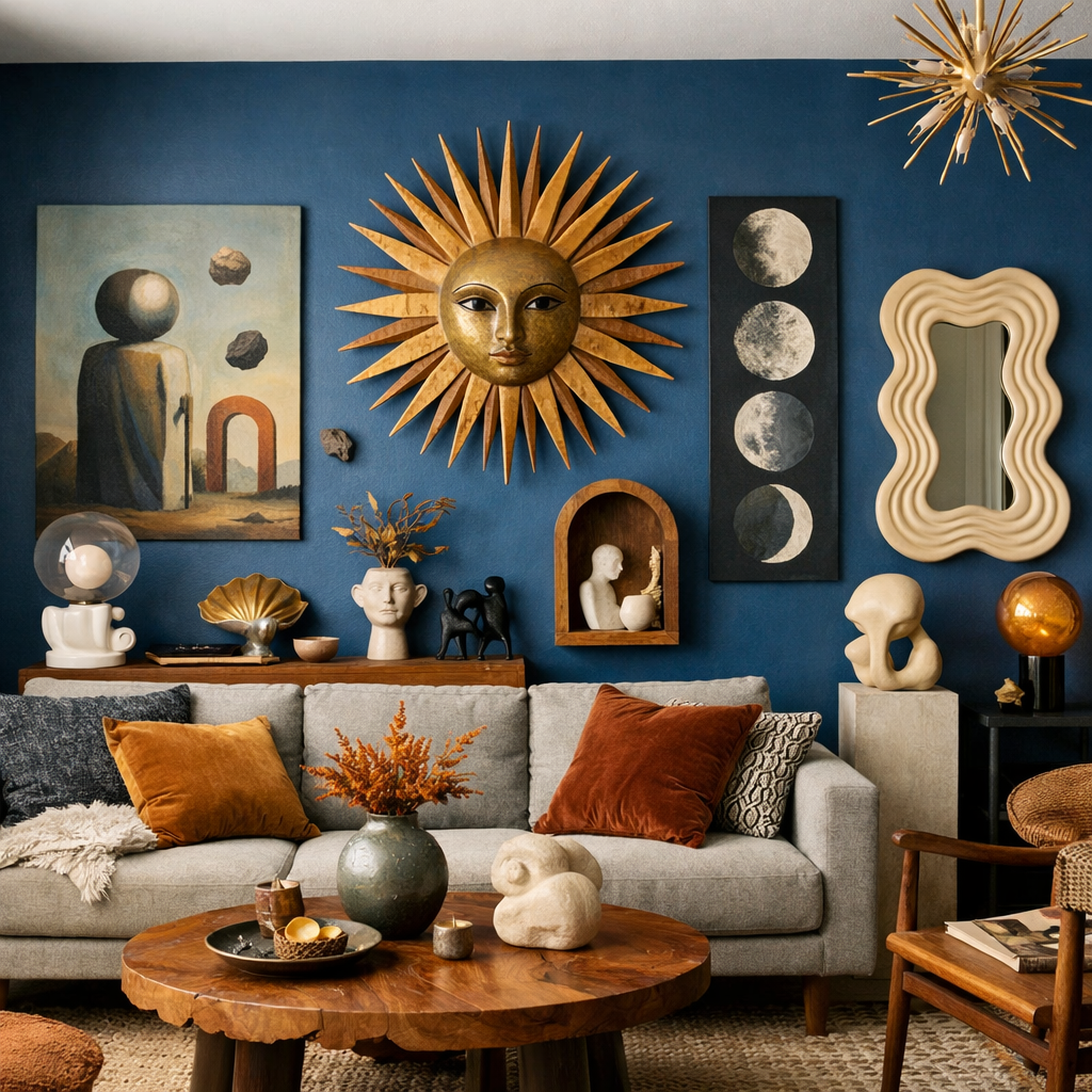 Living room with a blue accent wall featuring artistic decorations and a cozy sofa.
