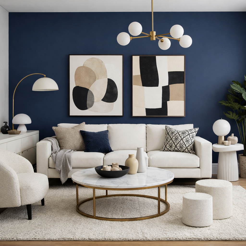 A modern living room featuring a bold navy accent wall, white furniture, and stylish décor