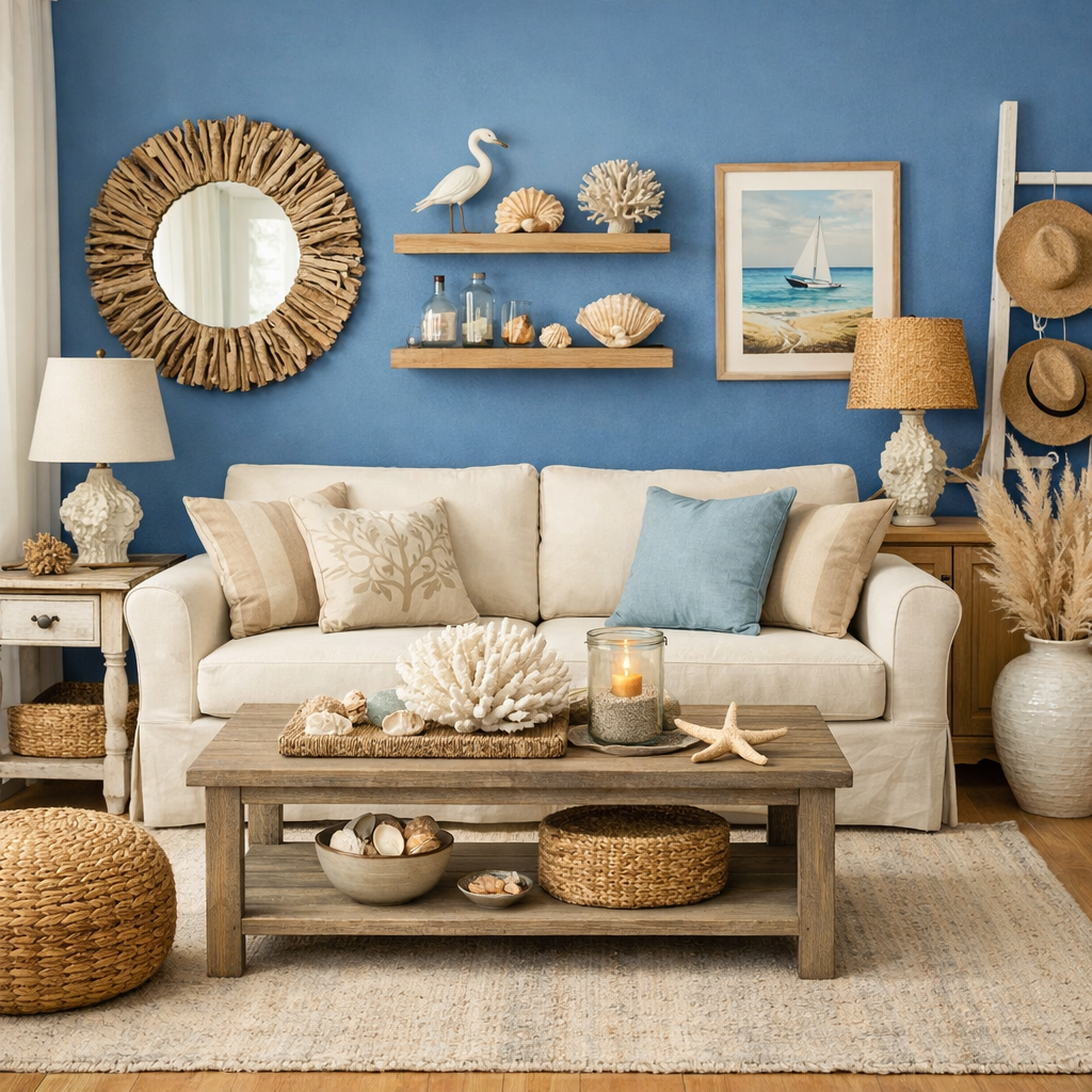 Living room with blue accent wall, white sofa, natural decor elements, and coastal-themed accessories.