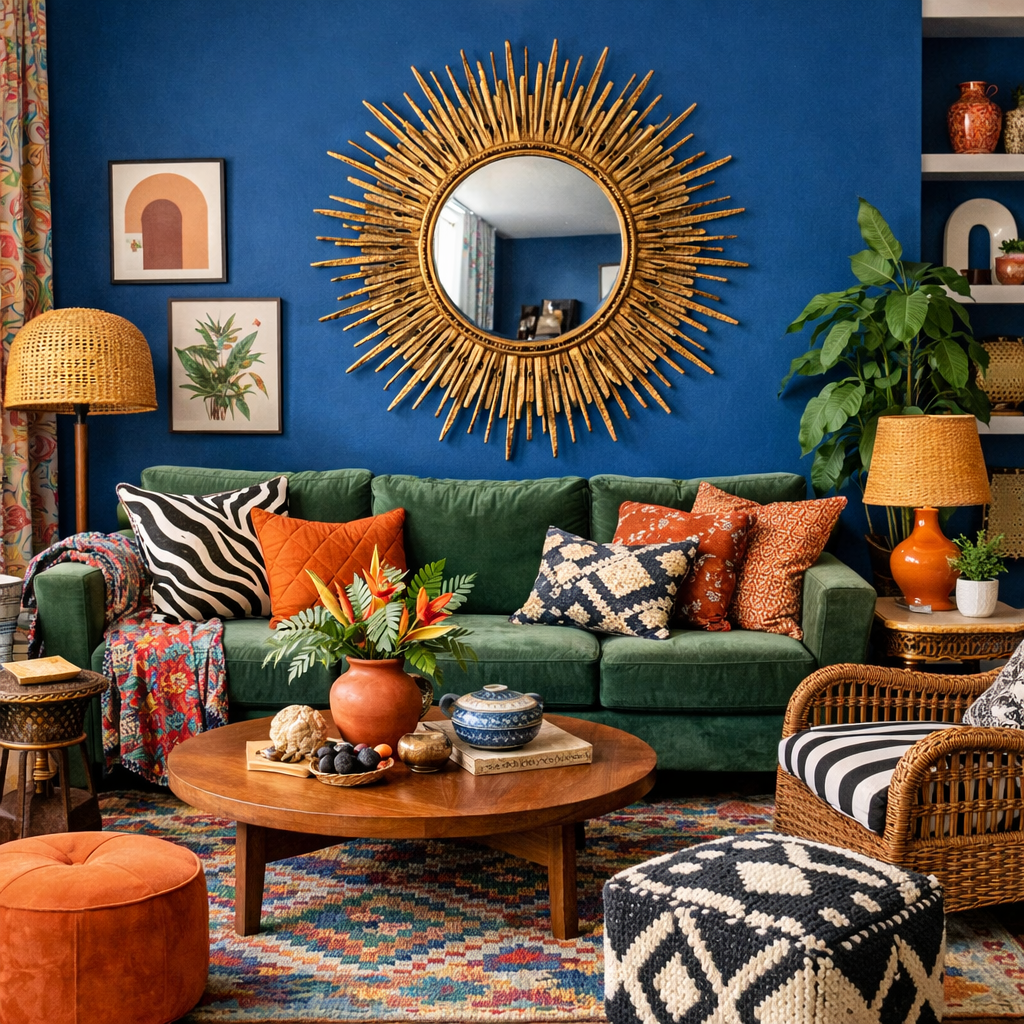 An eclectic living room with a blue accent wall, green sofa, patterned pillows, a sunburst mirror, and decorative accessories.