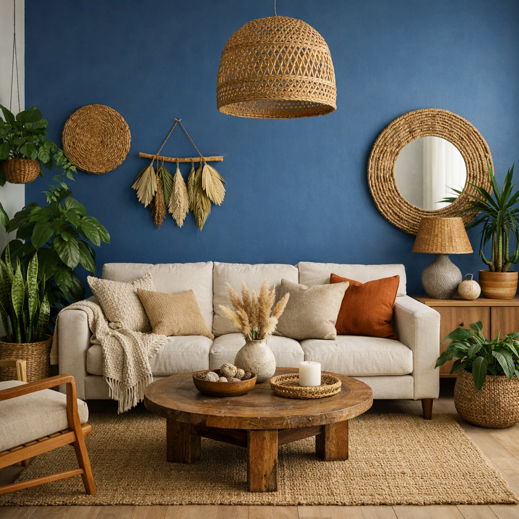 A stylish living room with a blue accent wall, beige couch, and greenery.