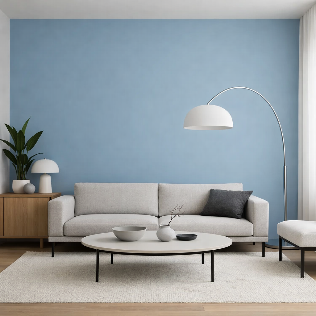A modern minimalist living room featuring a blue accent wall, gray sofa, round coffee table, and stylish lighting.