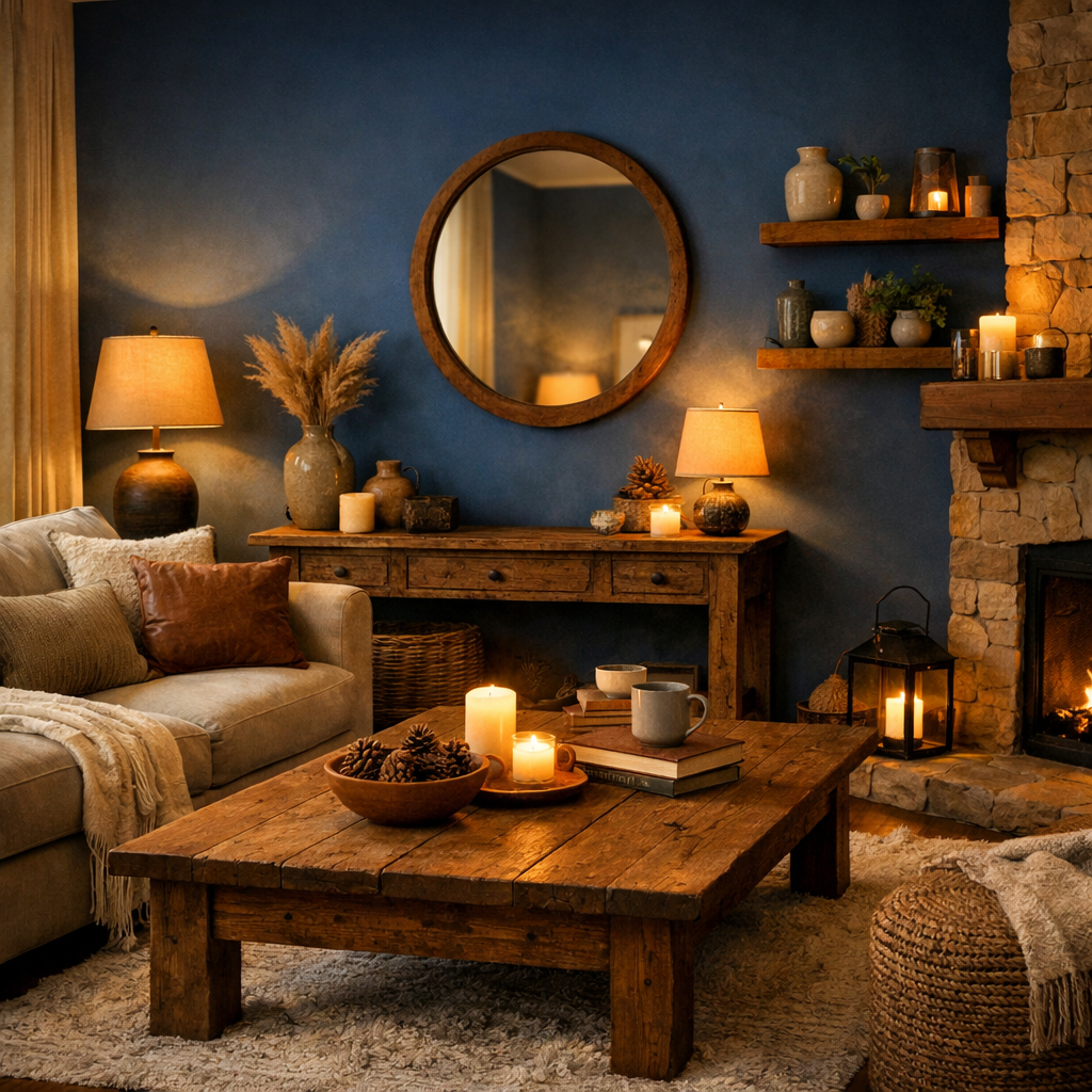 Cozy living room with a blue accent wall and rustic decor.