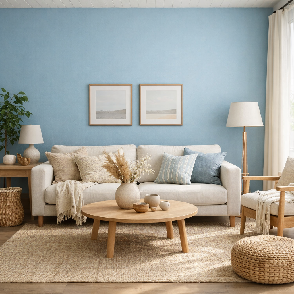 A cozy living room featuring a sky blue accent wall, light-colored sofa, wooden coffee table, and natural decor.