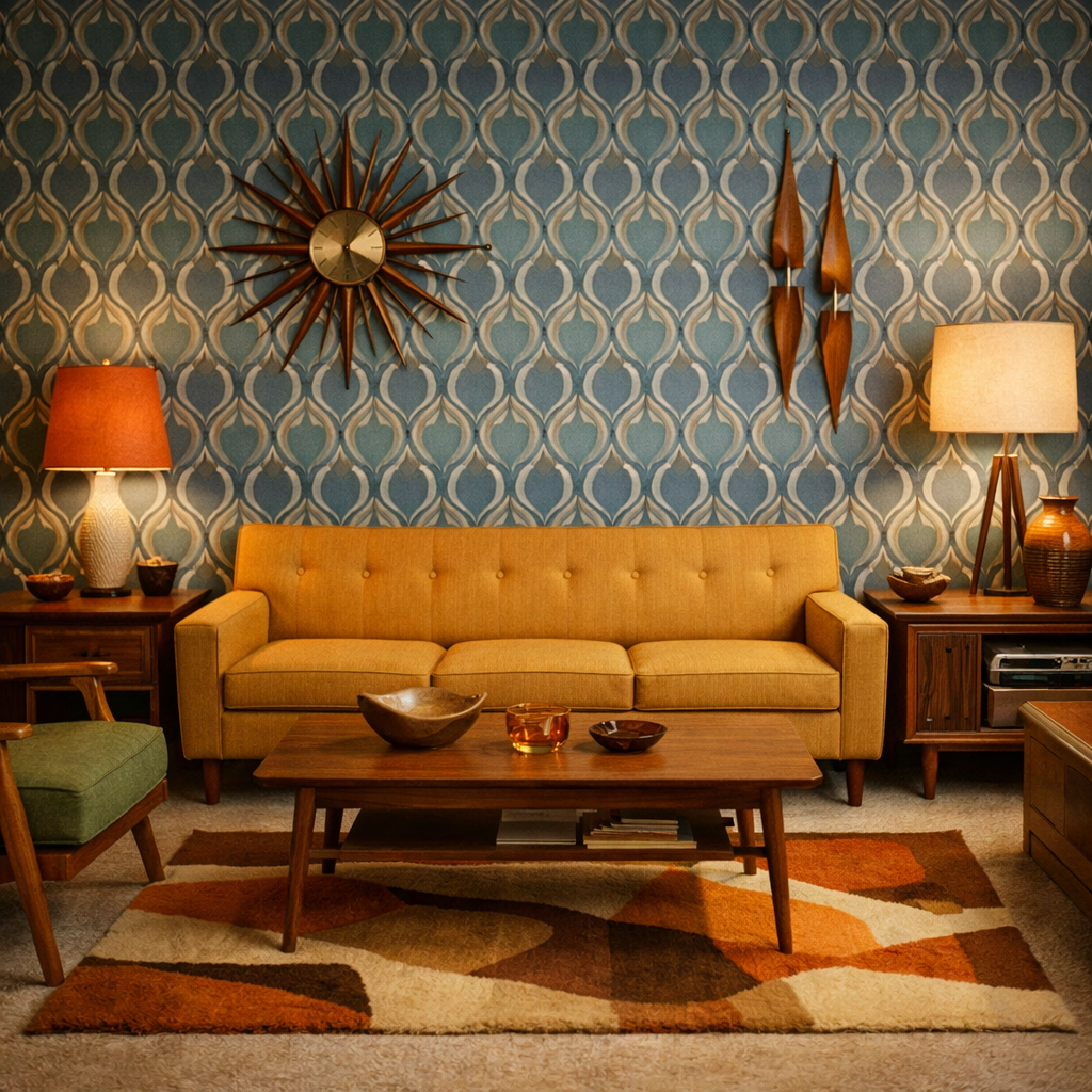 A vintage living room featuring blue wallpaper, a yellow sofa, and retro decor.