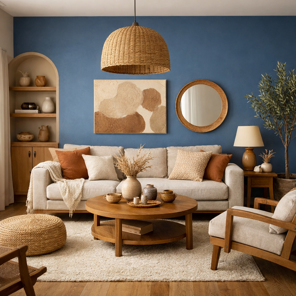 Cozy living room with blue accent wall, beige sofa, wooden decor, and warm accents.