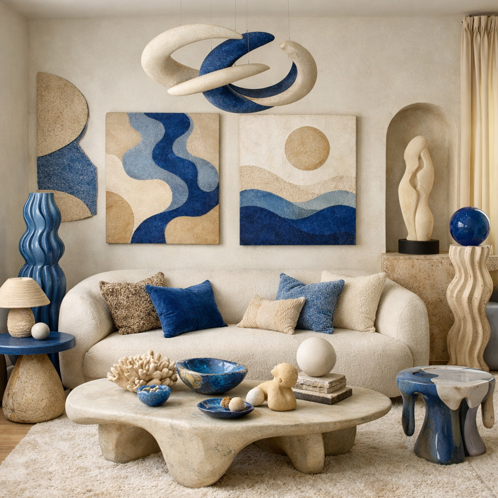 A stylish blue and beige living room featuring abstract artwork, modern furniture, and decorative elements.