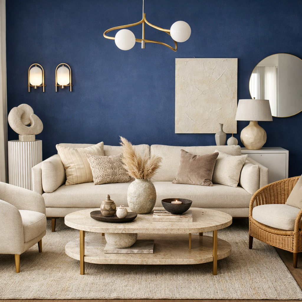 Elegant living room with blue accent wall and beige furniture.