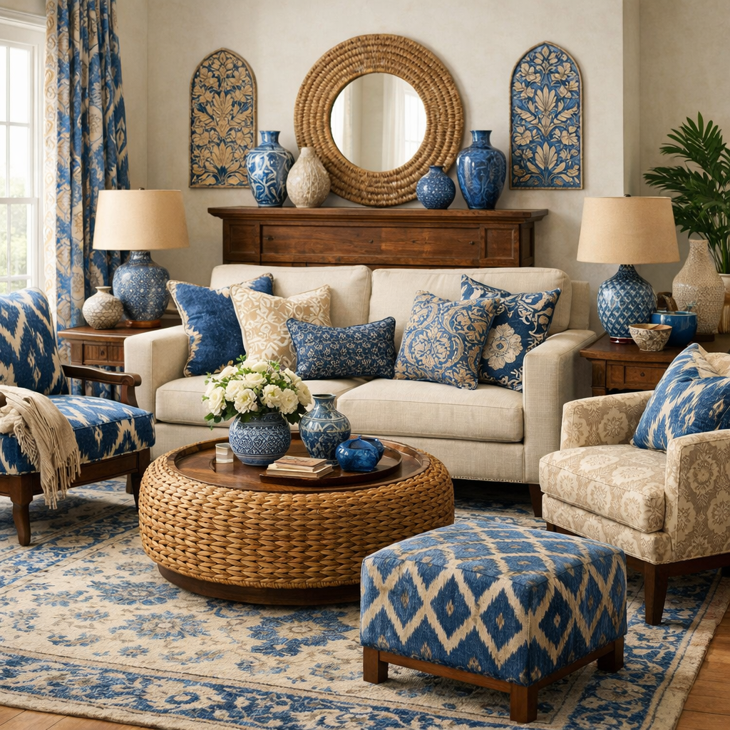 A blue and beige living room featuring patterned cushions, vases, and a woven coffee table.