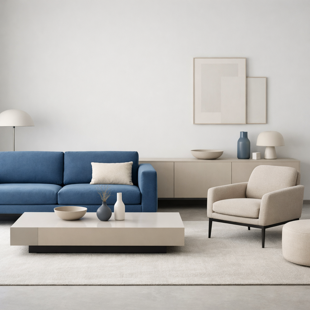 A modern minimalist living room featuring a blue sofa, beige furniture, and artistic decor.