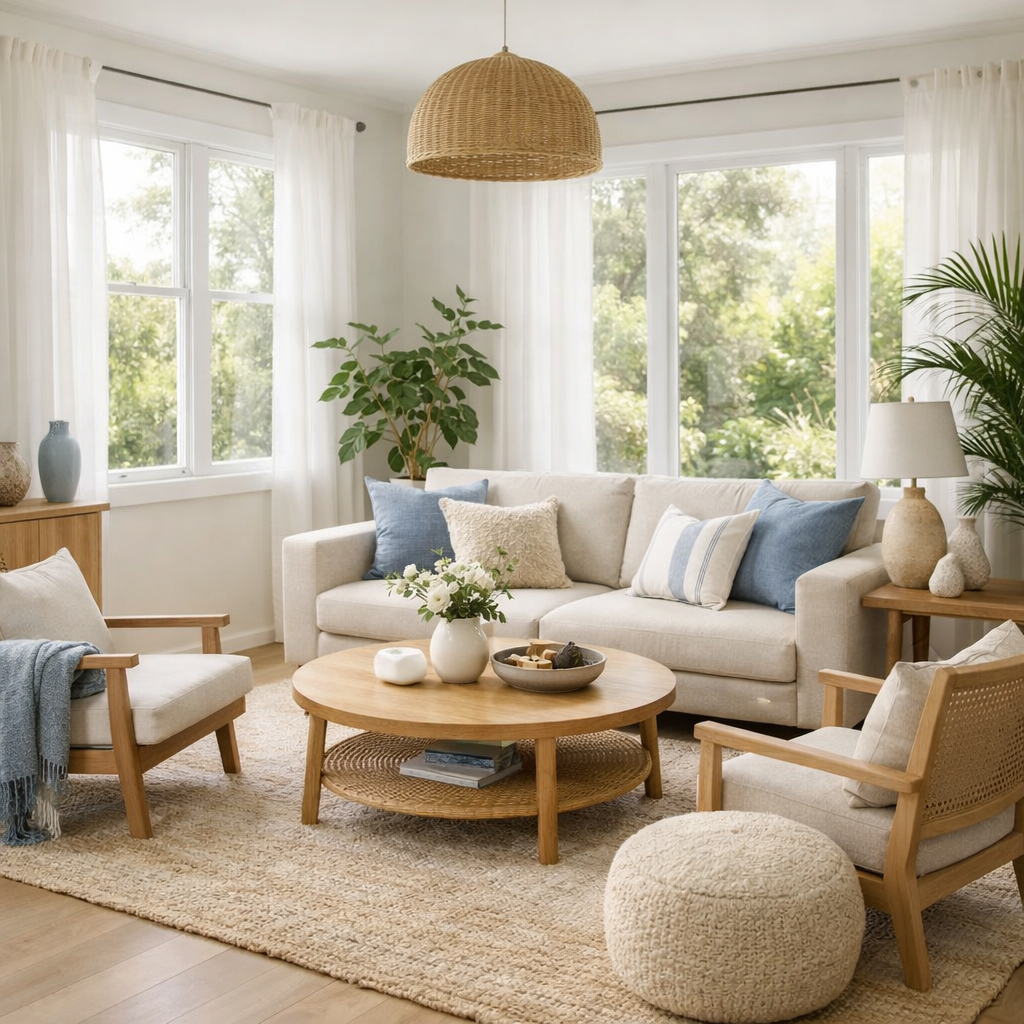 A bright and airy living room featuring blue and beige decor, large windows, and natural elements.