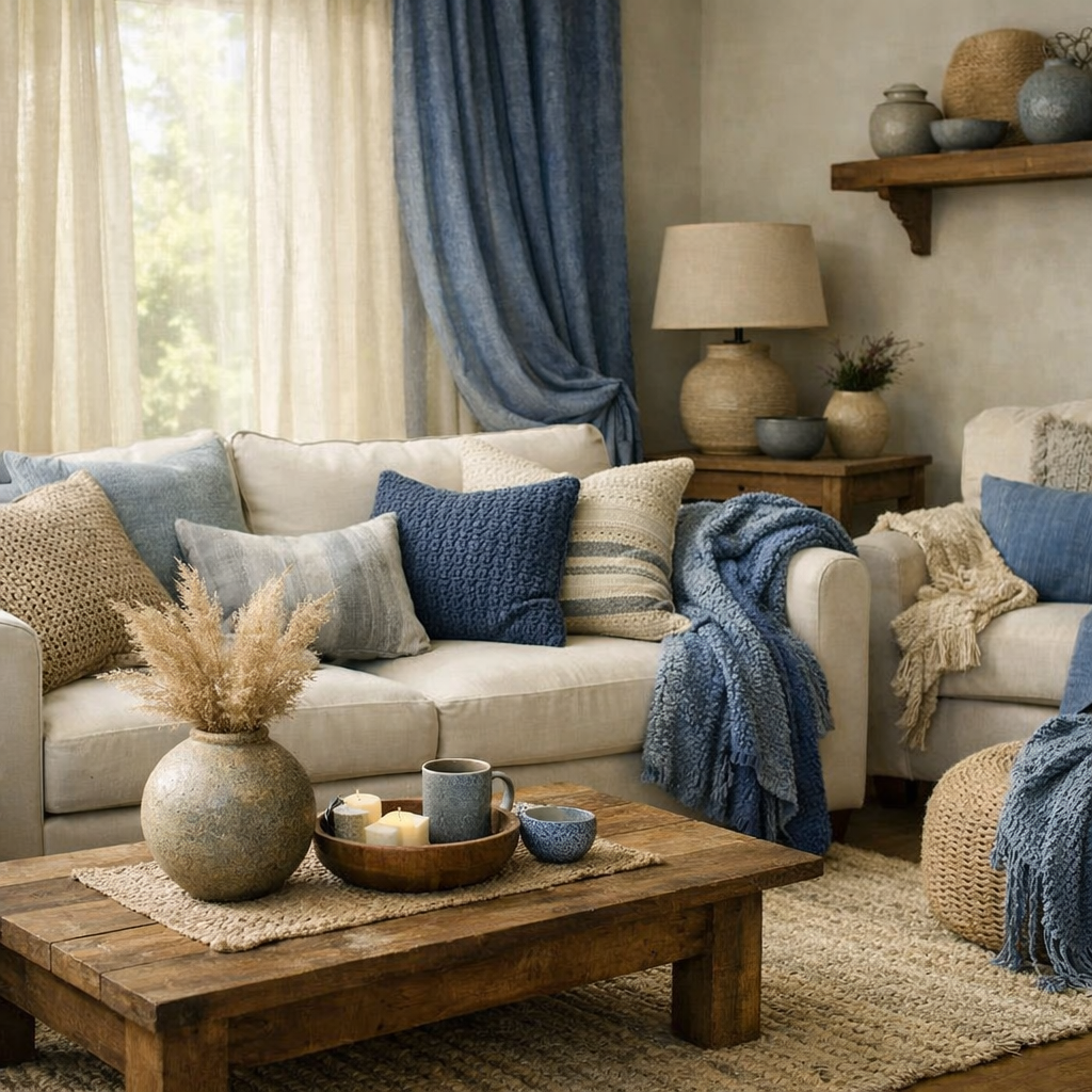 A cozy living room showcasing blue and beige textures with soft cushions and decorative elements.