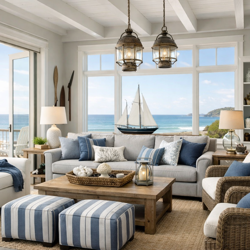 Coastal-inspired living room with blue and gray color palette, featuring a gray sofa, blue pillows, and an ocean view.