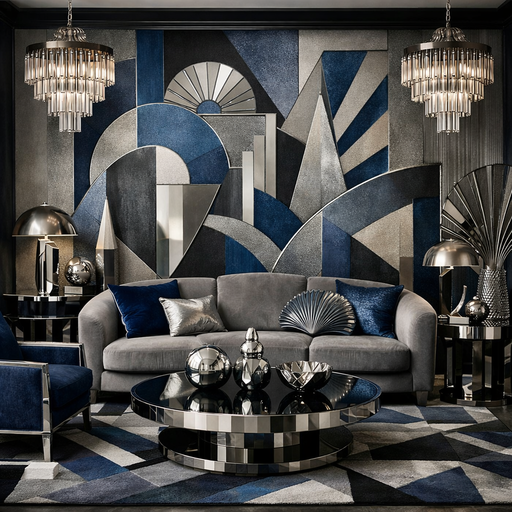 A contemporary Art Deco living room with blue and gray color scheme, featuring a geometric wall design, a gray sofa, and metallic decor.