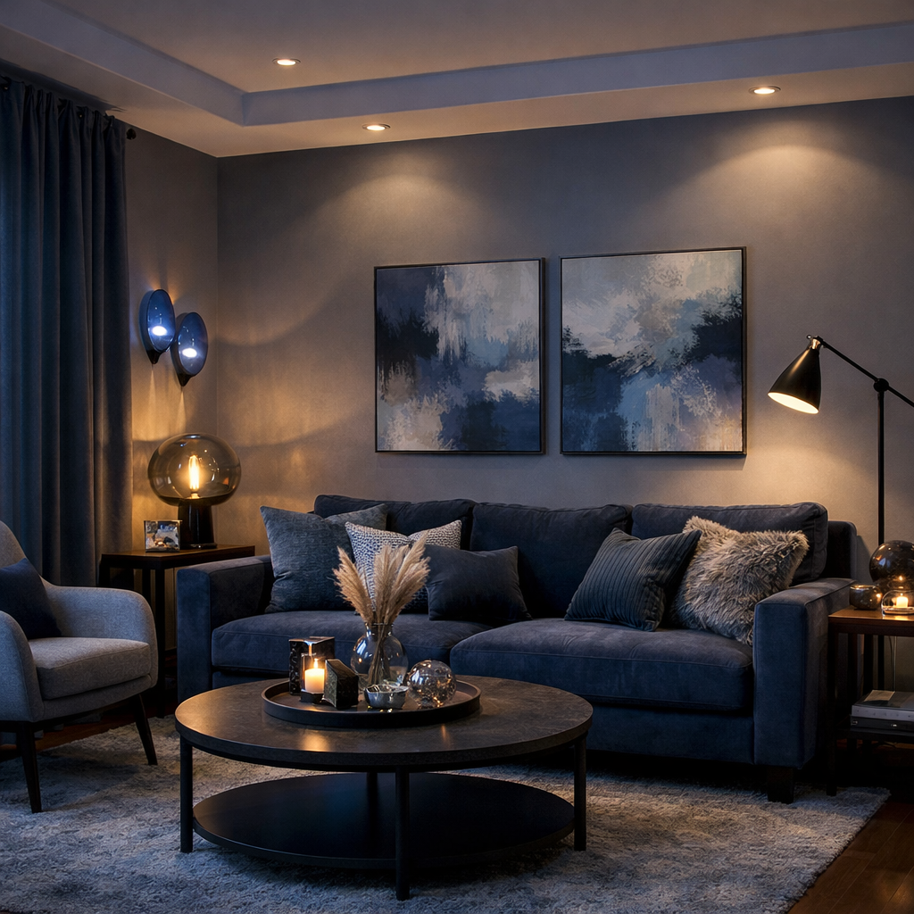 A blue and gray living room with layered lighting, showcasing a cozy atmosphere with recessed lights, floor lamp, and decorative candles.