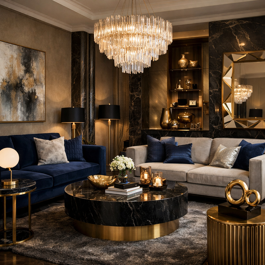 Luxurious living room featuring blue and gray velvet upholstery with elegant decor.