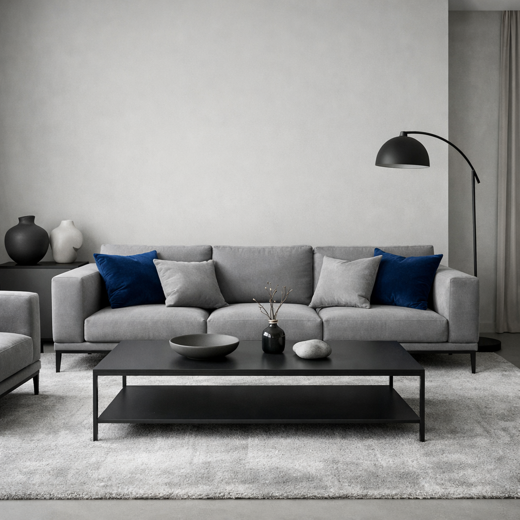 Modern minimalist living room featuring a gray sofa with blue accent pillows, a sleek black coffee table, and decorative elements.