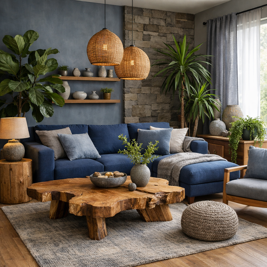 A cozy living room featuring a blue couch, wooden coffee table, and natural elements like plants and woven decor.