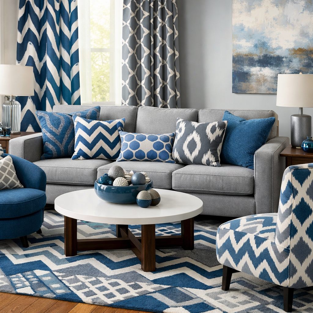 A stylish living room with blue and gray decor, featuring patterned pillows, curtains, and a rug.