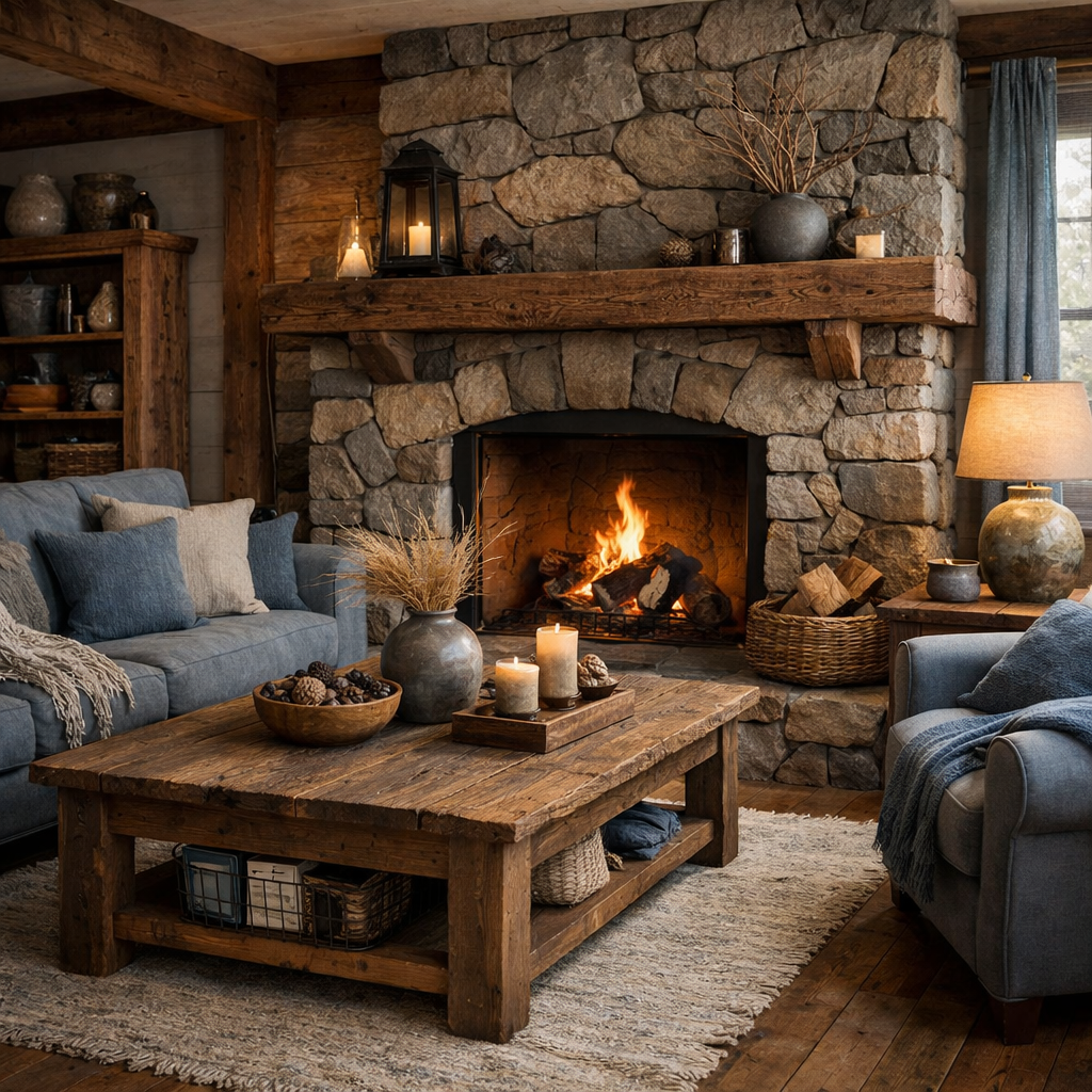 Cozy living room featuring a stone fireplace, wood furniture, and blue-gray accents.