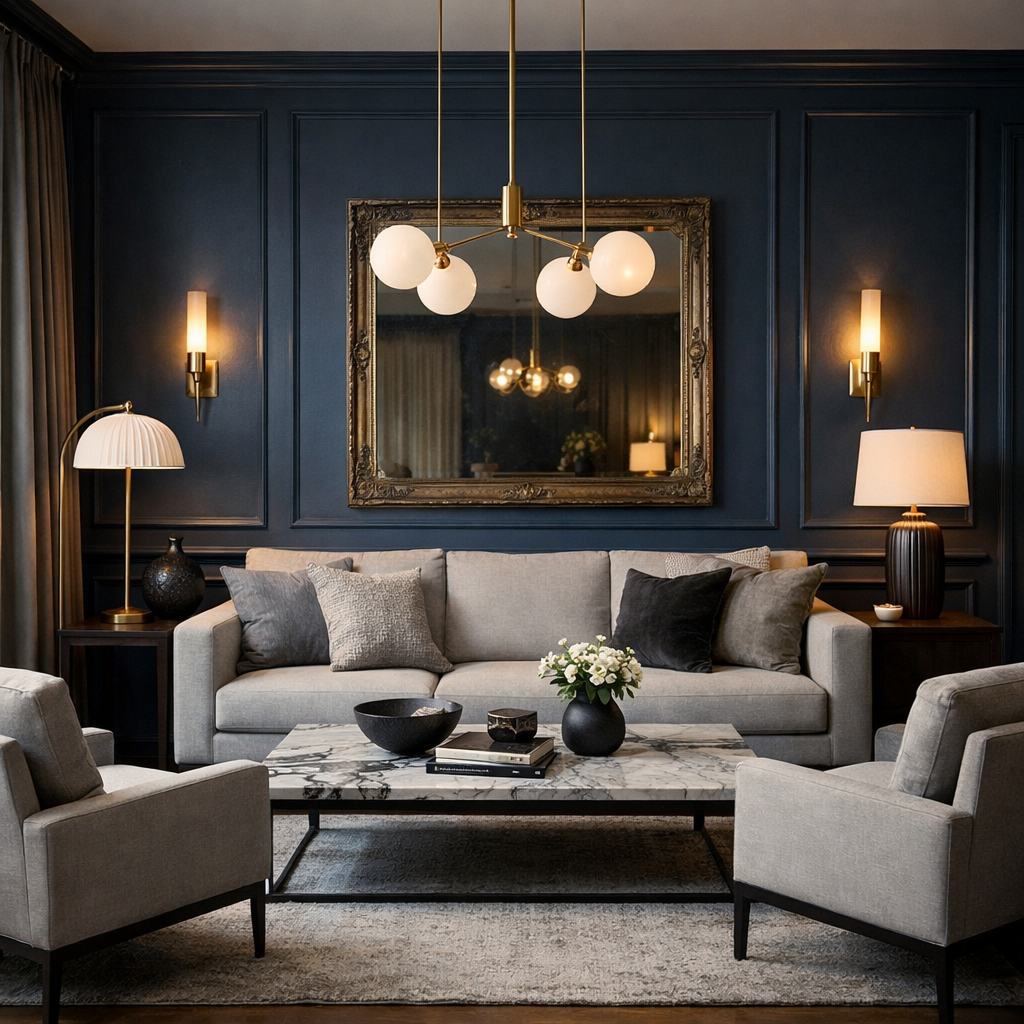 Sophisticated living room featuring dark blue walls and light gray furniture.