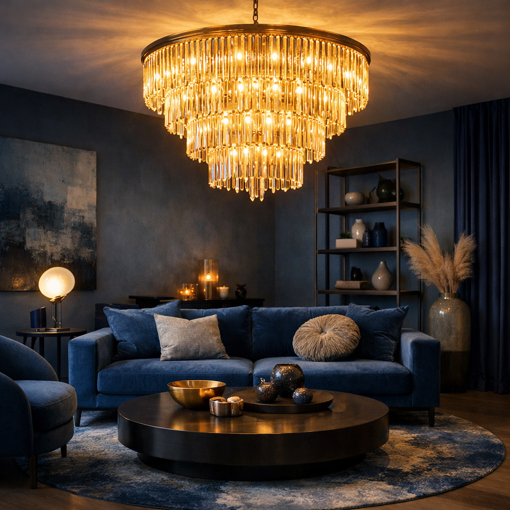 A spacious living room featuring a luxurious gold chandelier, blue sofa, and artistic decor.