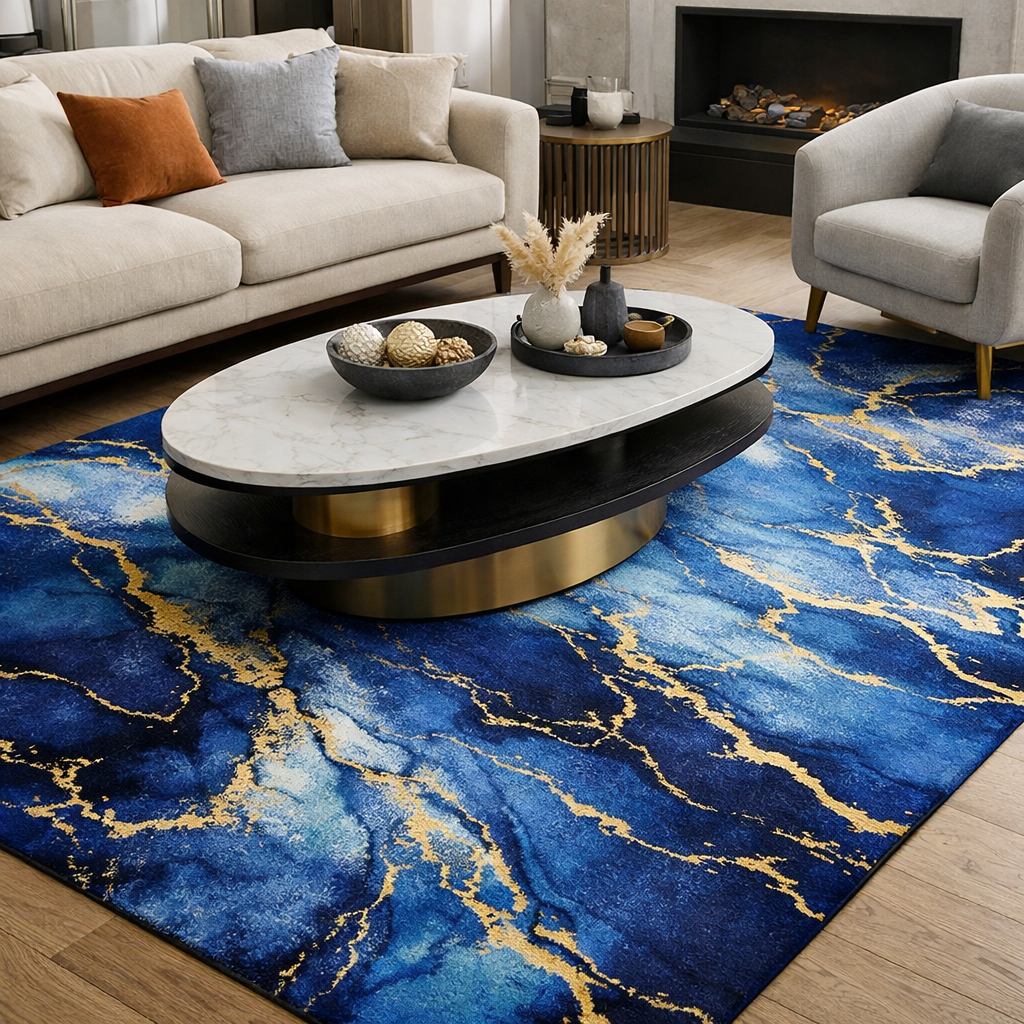 A stylish blue and gold area rug in a modern living room with a beige sofa and a coffee table.