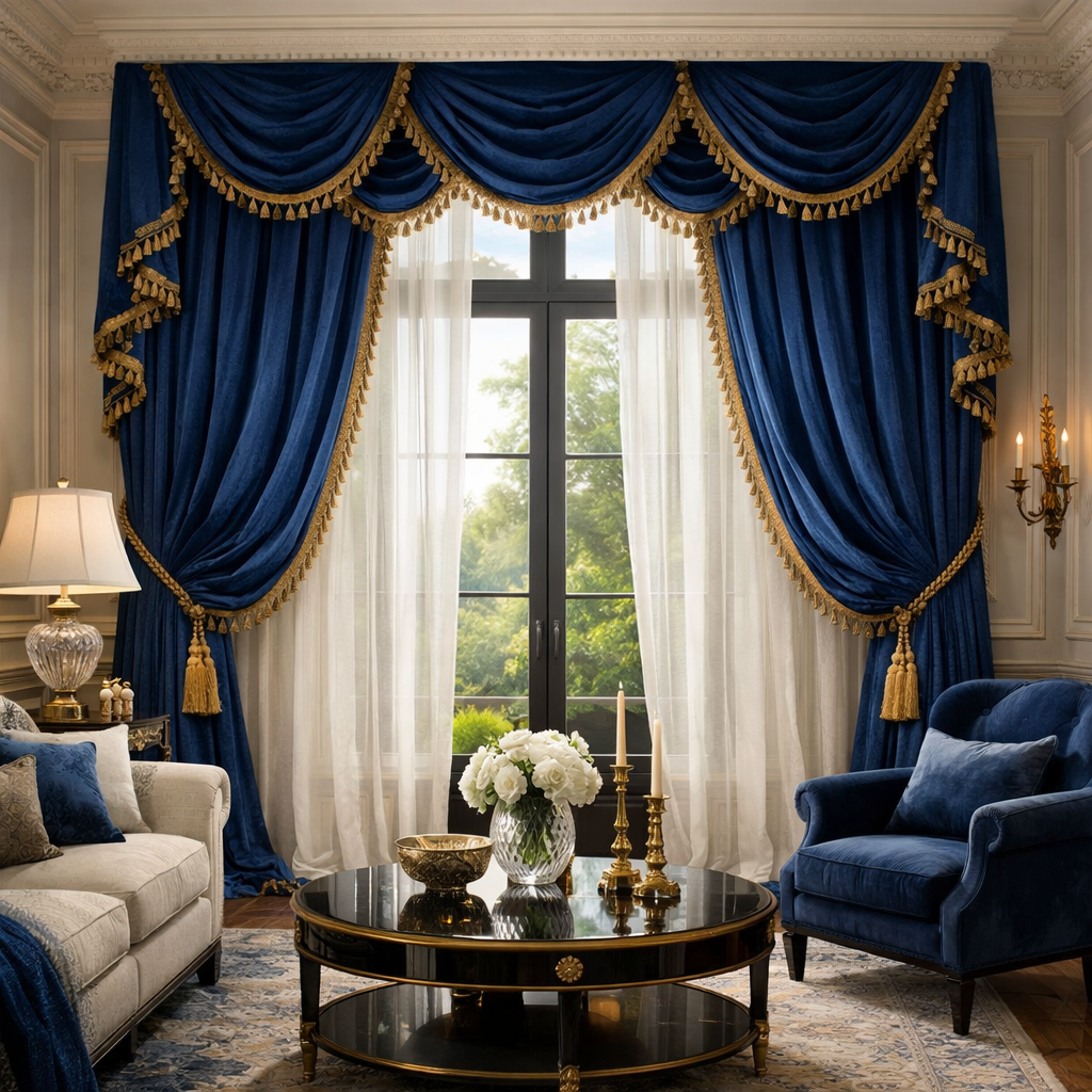 Luxurious living room featuring blue curtains with gold accents.