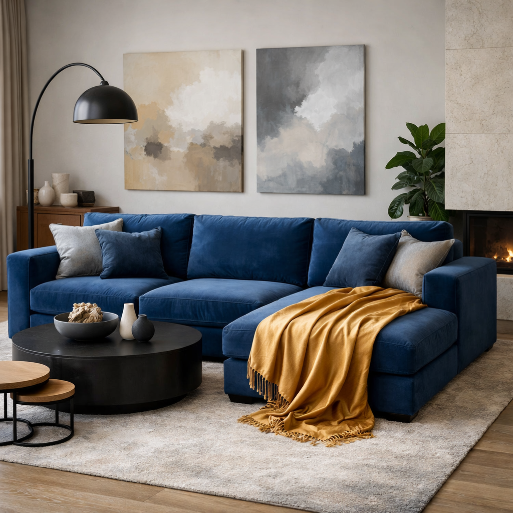 A stylish living room featuring a blue sectional sofa with a gold throw blanket, round coffee table, and abstract wall art.