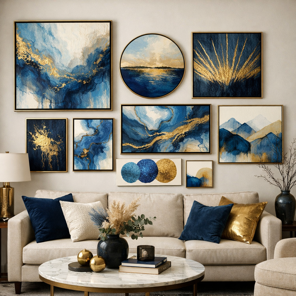 Gallery wall featuring blue and gold art pieces arranged stylishly above a beige sofa.