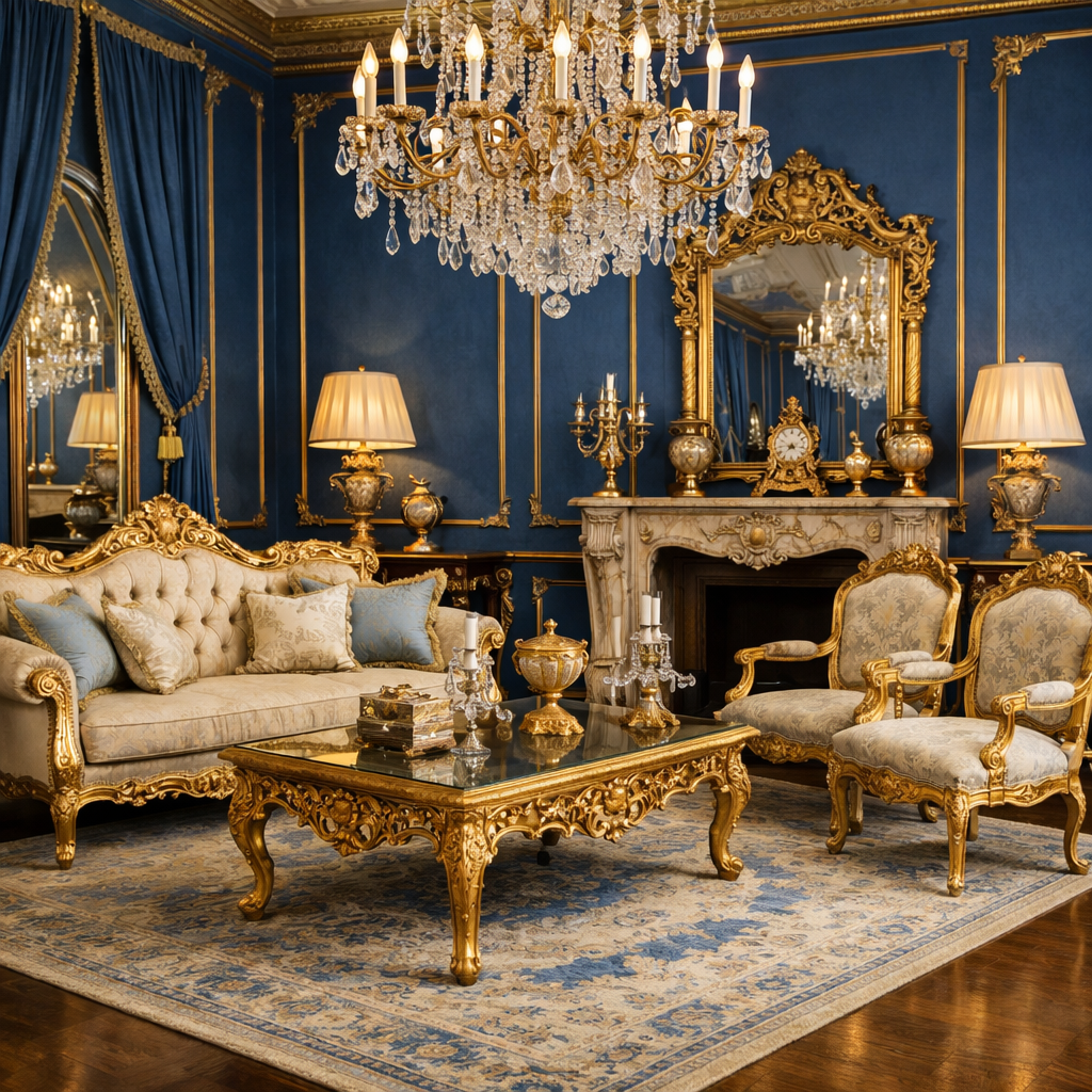 A luxurious living room featuring gold-trimmed furniture with a blue and gold color scheme.