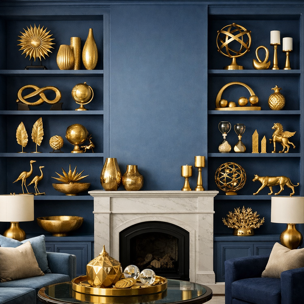 Beautifully arranged gold decorative accessories on blue shelves in a living room