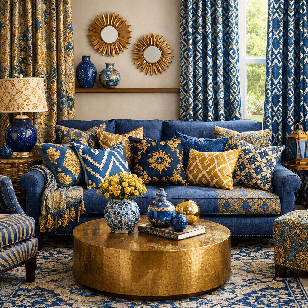 A stylish living room featuring a blue sofa with a variety of patterned cushions, a gold coffee table, and decorative elements in blue and gold.