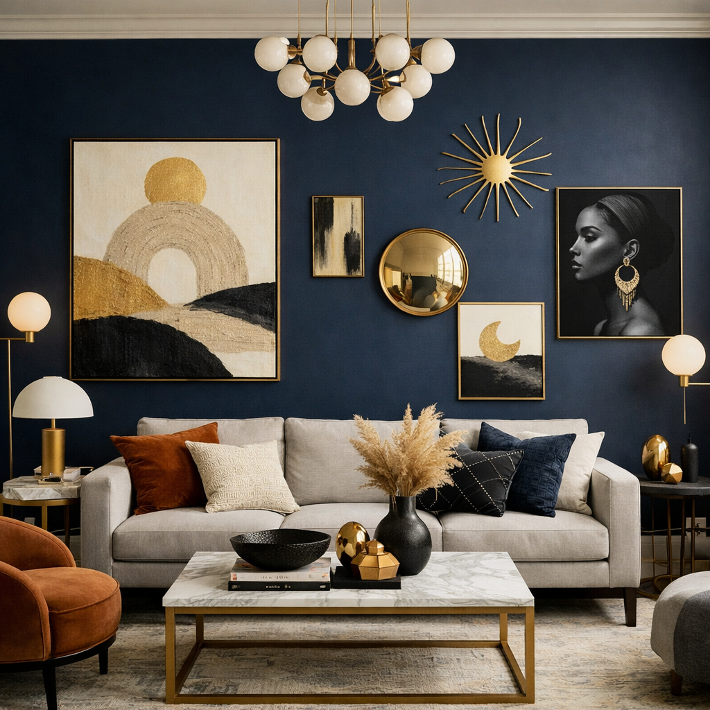 Living room featuring a navy blue accent wall with gold decor and modern furnishings