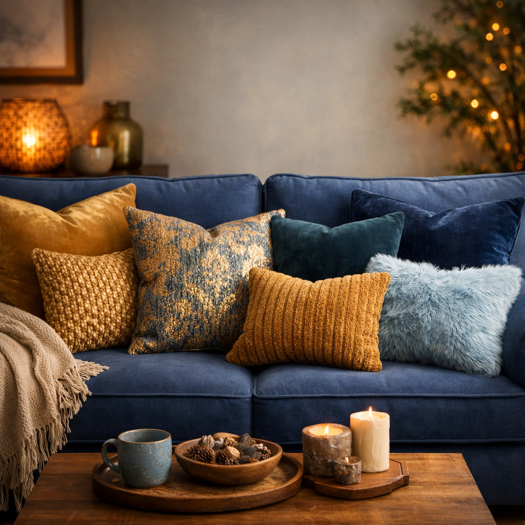 A cozy blue couch with a variety of textured throw pillows in gold and blue shades, complemented by candles and decorative items.