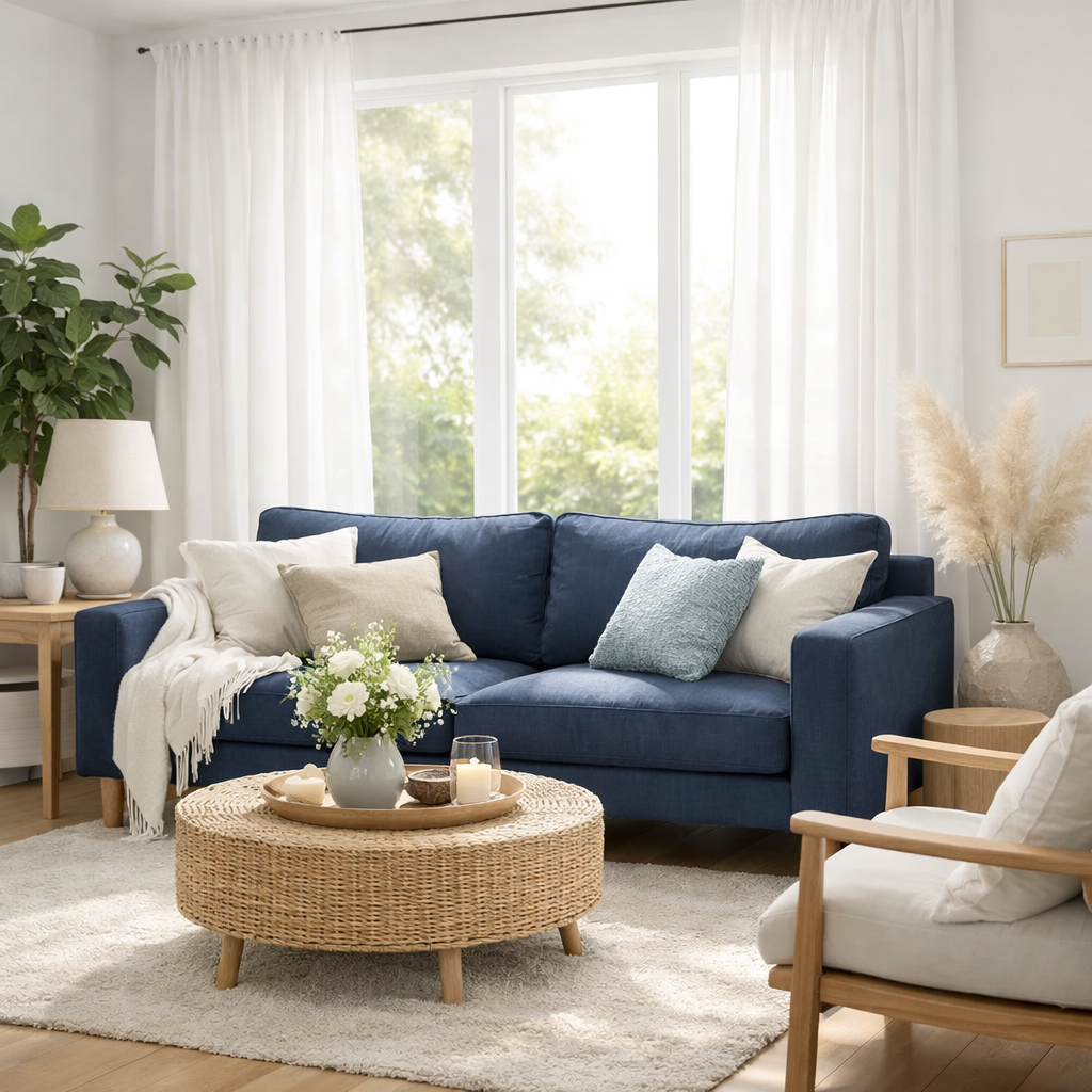 Bright and airy living room featuring a navy blue sofa, light curtains, and natural decor.